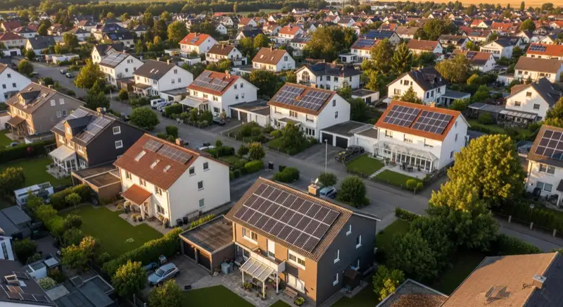 Aerial drone view of typical German residential neighborhood with mixed roof types, red and dark roof tiles, gardens visible, sunny day