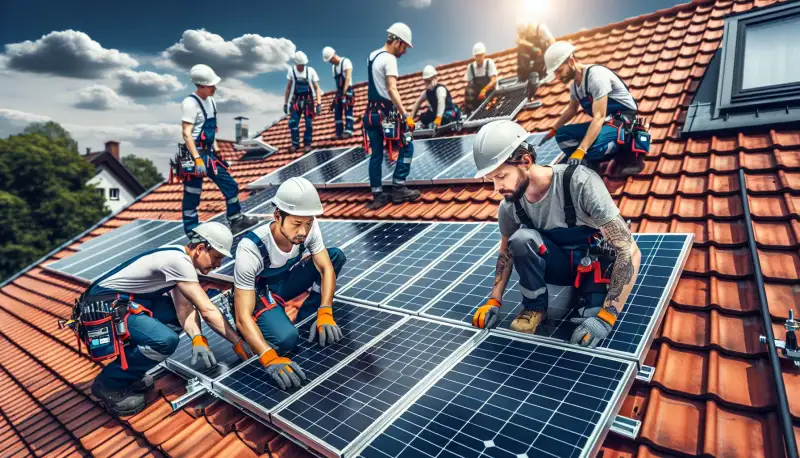 PV-Installateur bei der Montage auf einem Dortmunder Dach