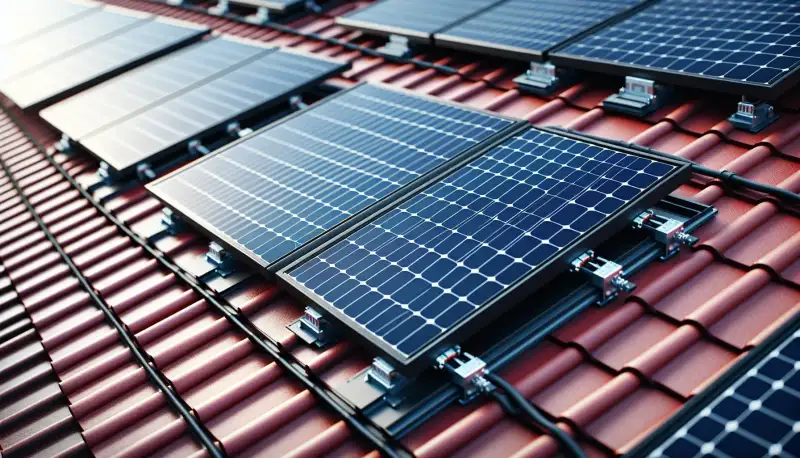 PV Module auf einem Dortmunder Reihenhaus, Nahaufnahme der Installation