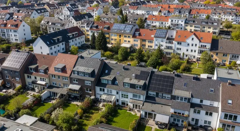 Aerial drone view of typical German residential neighborhood with mixed roof types, red and dark roof tiles, gardens visible, sunny day