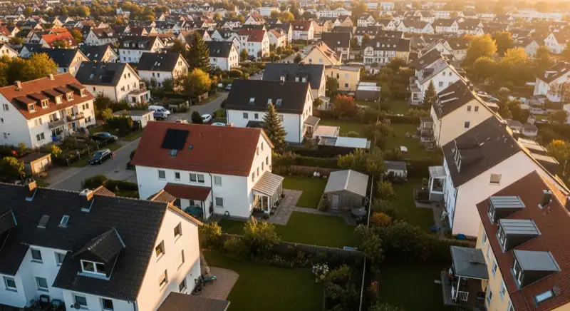 Aerial drone view of typical German residential neighborhood with mixed roof types, red and dark roof tiles, gardens visible, sunny day