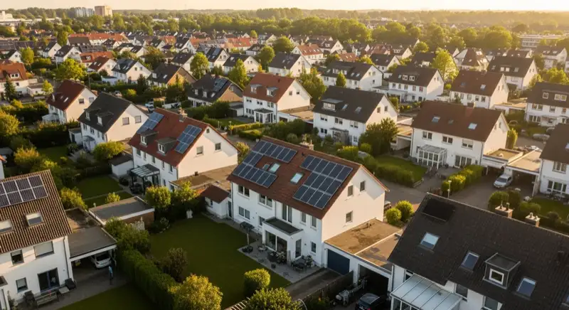 Aerial drone view of typical German residential neighborhood with mixed roof types, red and dark roof tiles, gardens visible, sunny day