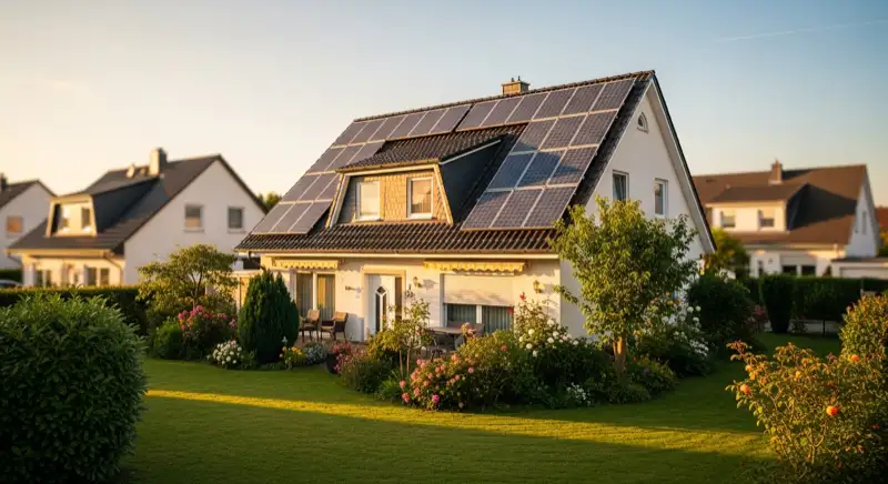German detached house (Einfamilienhaus) with photovoltaic panels on pitched roof, well-maintained garden, warm afternoon sunlight