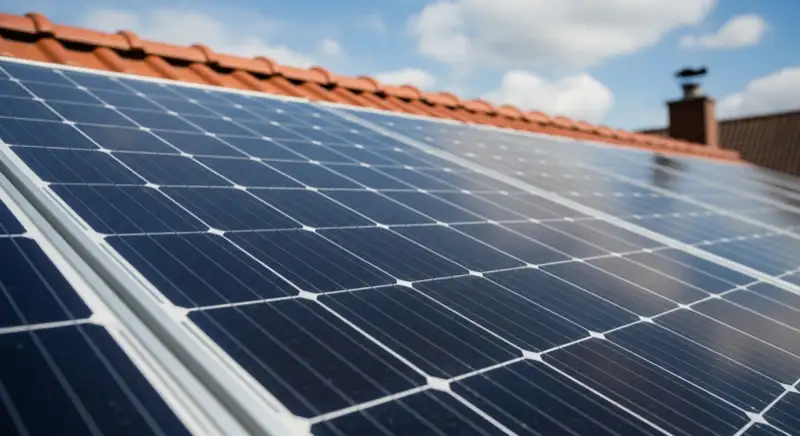 Close-up of photovoltaic solar panels installed on a traditional German Satteldach (gabled roof), blue sky with some clouds