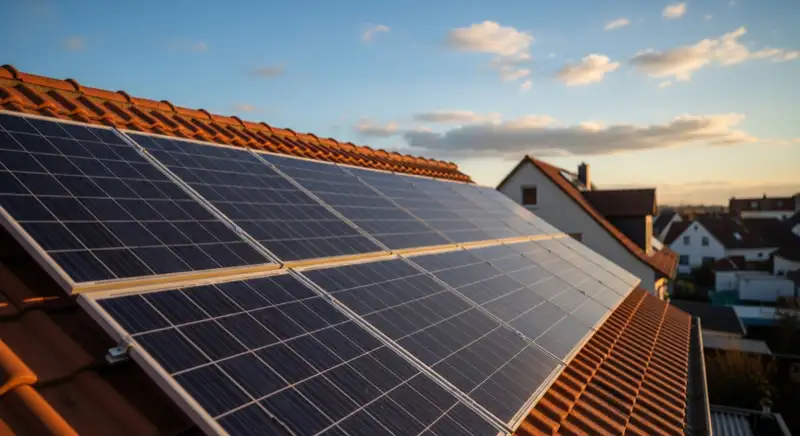 Close-up of photovoltaic solar panels installed on a traditional German Satteldach (gabled roof), blue sky with some clouds