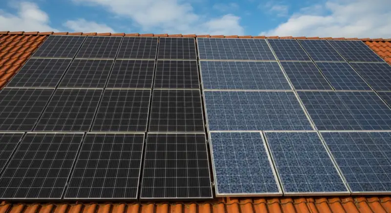 Close-up of photovoltaic solar panels installed on a traditional German Satteldach (gabled roof), blue sky with some clouds