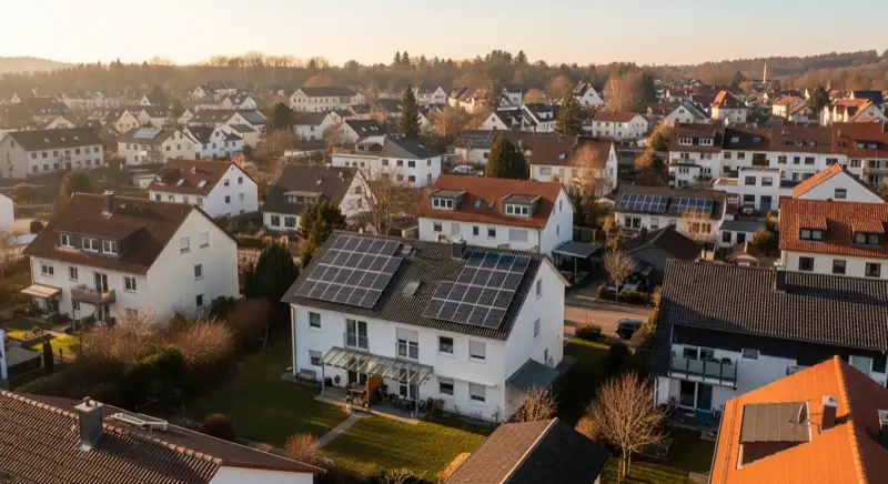 Aerial drone view of typical German residential neighborhood with mixed roof types, red and dark roof tiles, gardens visible, sunny day