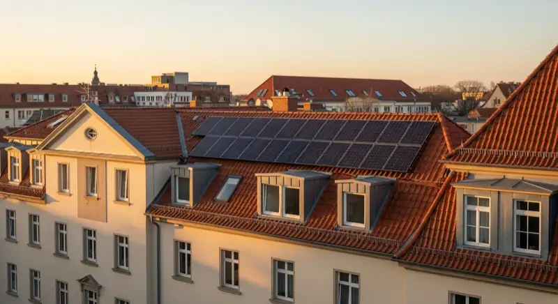 Denkmalgeschütztes Gründerzeithaus in Dresden-Neustadt mit diskret integrierter Indach-PV-Anlage auf der rückseitigen Dachfläche