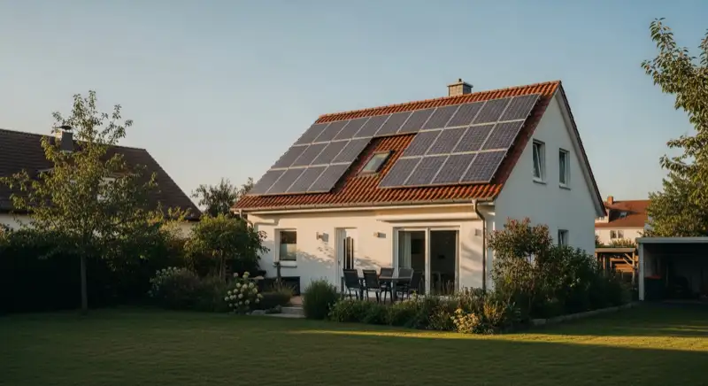German detached house (Einfamilienhaus) with photovoltaic panels on pitched roof, well-maintained garden, warm afternoon sunlight