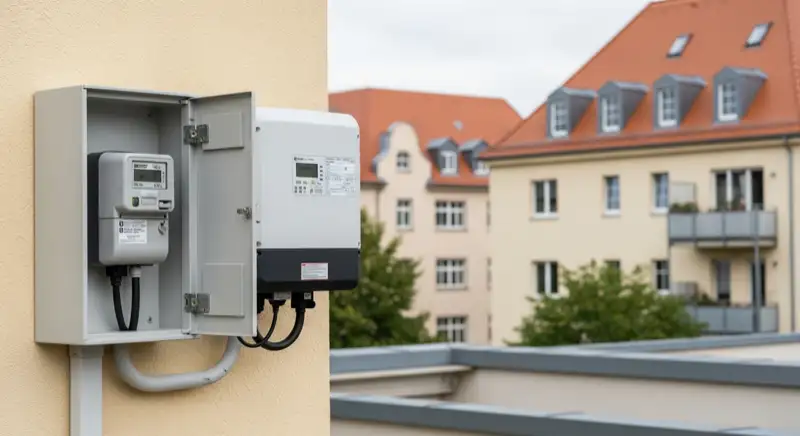 Modern German electrical meter cabinet (Zählerschrank) with smart meter and solar inverter connection, clean technical installation