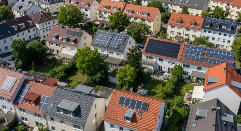 Aerial drone view of typical German residential neighborhood with mixed roof types, red and dark roof tiles, gardens visible, sunny day