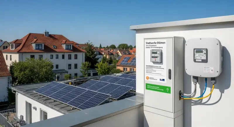 Modern German electrical meter cabinet (Zählerschrank) with smart meter and solar inverter connection, clean technical installation