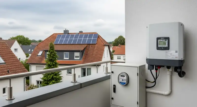 Modern German electrical meter cabinet (Zählerschrank) with smart meter and solar inverter connection, clean technical installation