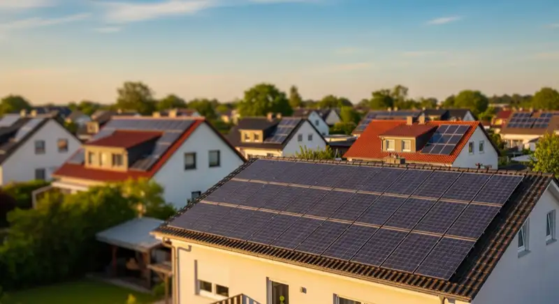 Aerial drone view of typical German residential neighborhood with mixed roof types, red and dark roof tiles, gardens visible, sunny day