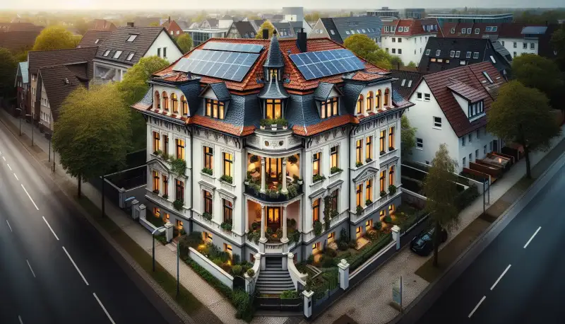 Düsseldorfer Altbau während PV-Installation mit Gerüst