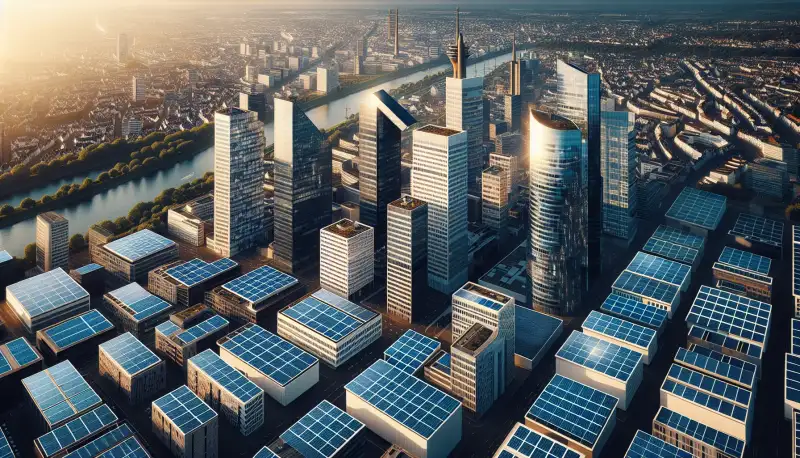 Düsseldorf Skyline mit PV-Anlagen auf Bürogebäuden