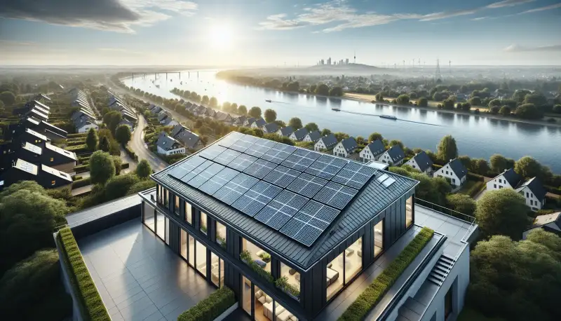 PV-Anlage auf Düsseldorfer Hausdach mit Rheinblick