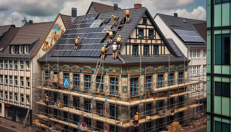 PV-Installation auf Düsseldorfer Altbau mit Gerüst
