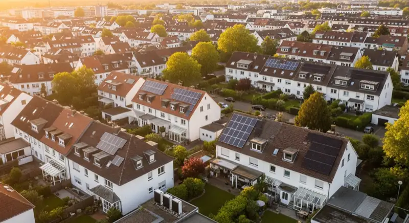 Aerial drone view of typical German residential neighborhood with mixed roof types, red and dark roof tiles, gardens visible, sunny day