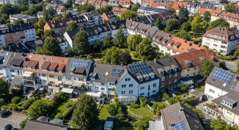 Aerial drone view of typical German residential neighborhood with mixed roof types, red and dark roof tiles, gardens visible, sunny day