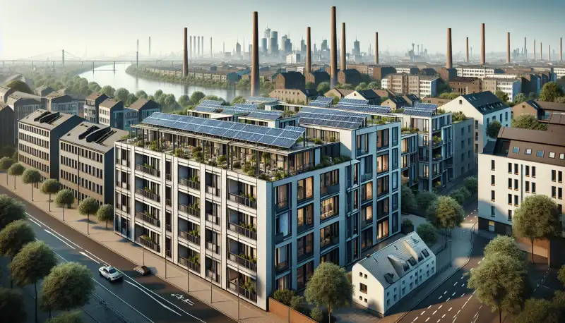 Aufgeständerte Solarmodule auf einem Flachdach in Duisburg