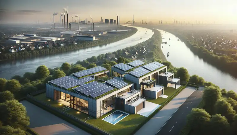 Einfamilienhaus mit PV Anlage in Duisburg, Blick über typische Wohngebiete am Niederrhein