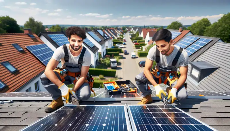 Solarinstallateure bei der Montage einer PV Anlage auf einem Duisburger Hausdach