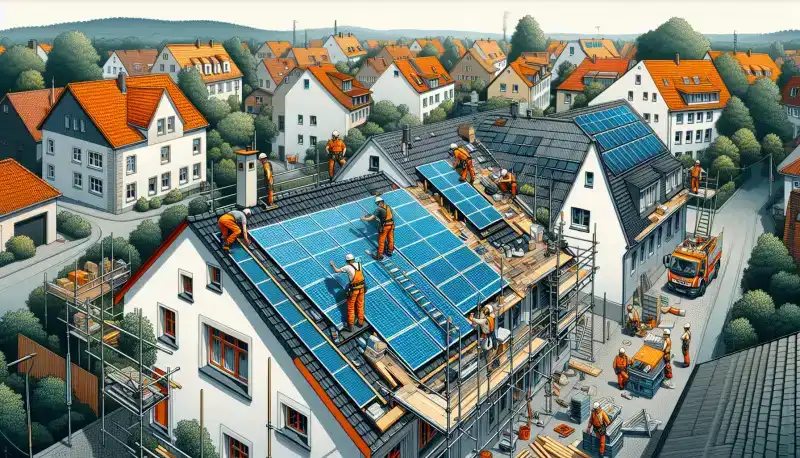 Nahaufnahme von Solarmodulen bei der Installation auf einem Duisburger Hausdach