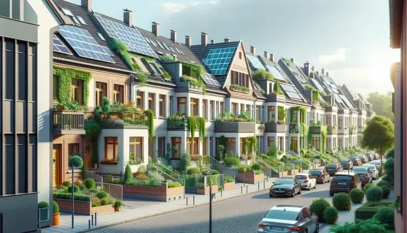 Reihenhäuser mit Solaranlagen in einem typischen Duisburger Wohngebiet