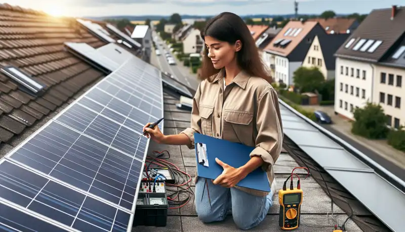 Techniker prüft Solaranlage auf einem Duisburger Hausdach