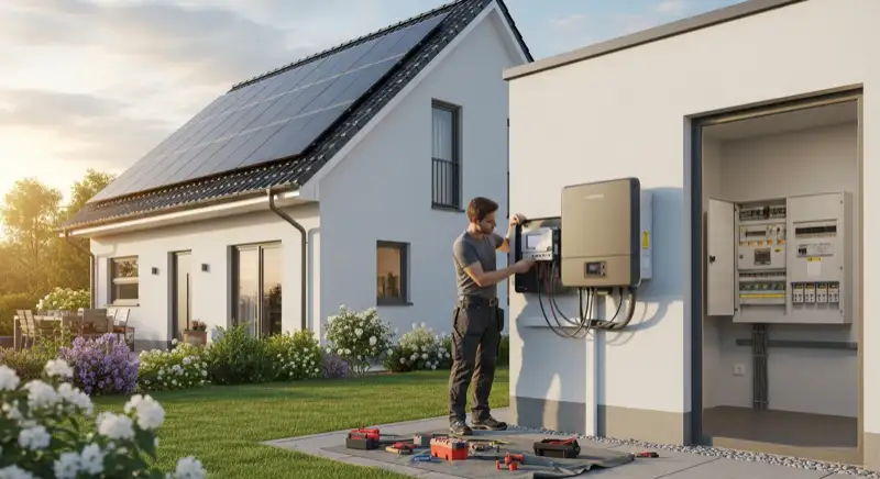 Installateur arbeitet in Eberswalde an einem Wechselrichter im Hauswirtschaftsraum