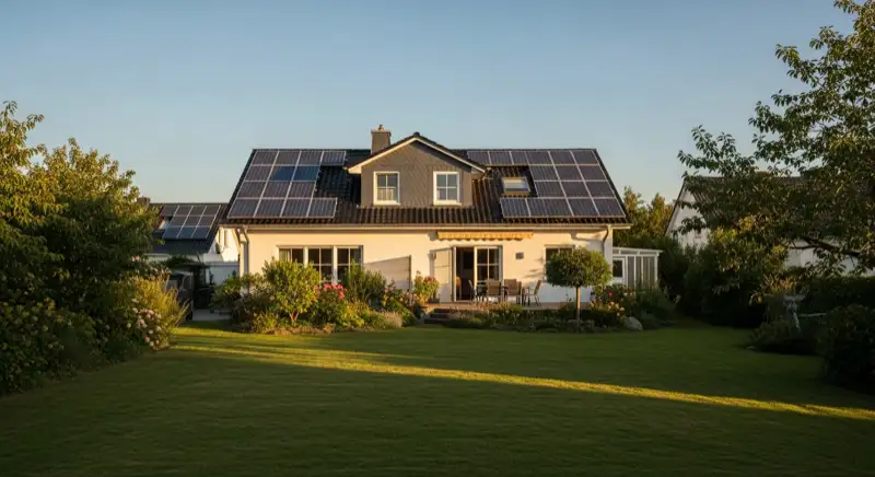 German detached house (Einfamilienhaus) with photovoltaic panels on pitched roof, well-maintained garden, warm afternoon sunlight