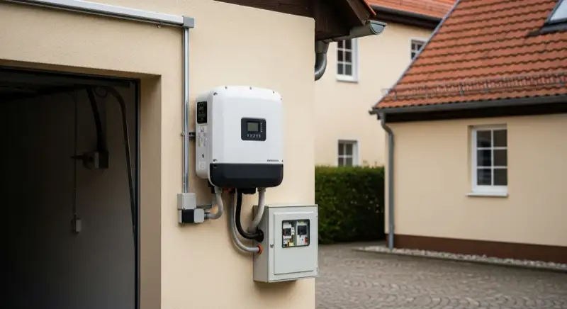 Modern solar inverter mounted on garage wall next to electrical panel, clean professional installation, natural daylight