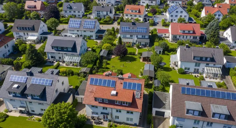 Aerial drone view of typical German residential neighborhood with mixed roof types, red and dark roof tiles, gardens visible, sunny day