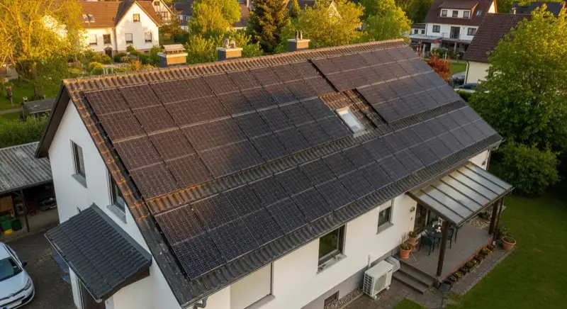 German detached house (Einfamilienhaus) with photovoltaic panels on pitched roof, well-maintained garden, warm afternoon sunlight