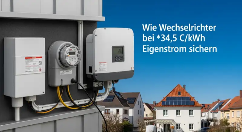 Modern German electrical meter cabinet (Zählerschrank) with smart meter and solar inverter connection, clean technical installation