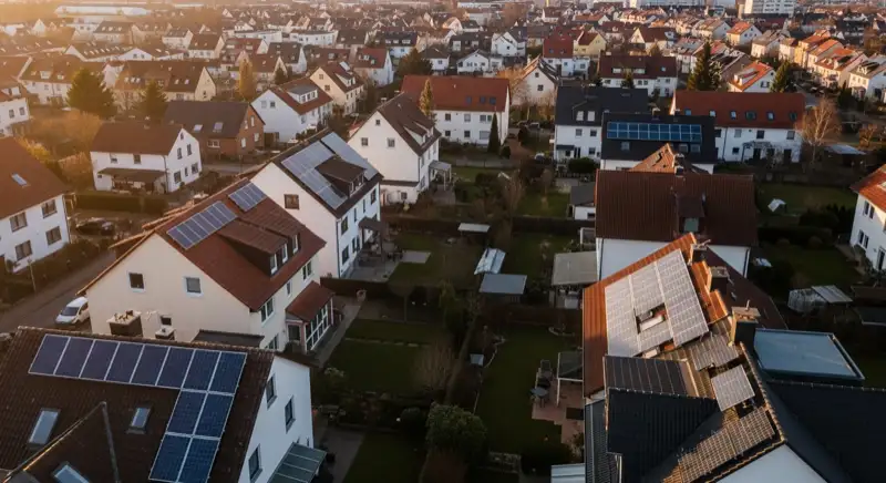 Aerial drone view of typical German residential neighborhood with mixed roof types, red and dark roof tiles, gardens visible, sunny day