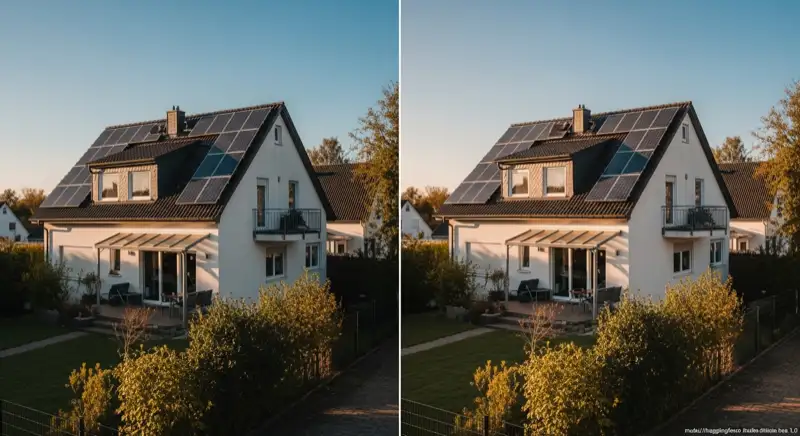 German detached house (Einfamilienhaus) with photovoltaic panels on pitched roof, well-maintained garden, warm afternoon sunlight