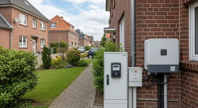 Modern German electrical meter cabinet (Zählerschrank) with smart meter and solar inverter connection, clean technical installation