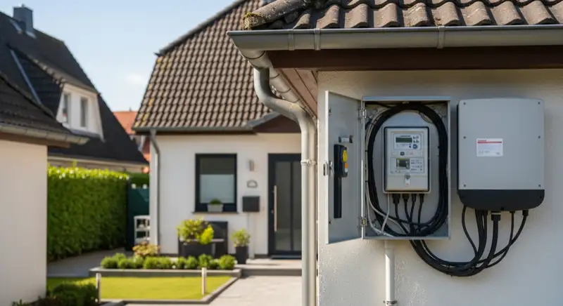 Modern German electrical meter cabinet (Zählerschrank) with smart meter and solar inverter connection, clean technical installation