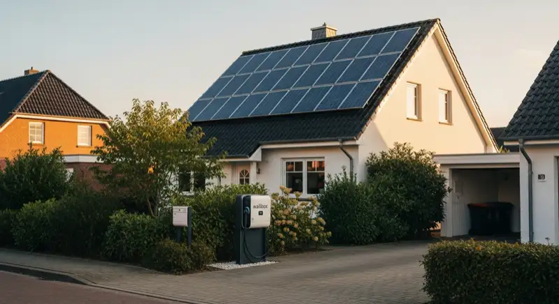 PV-Anlage auf Einfamilienhaus mit Wallbox in der Einfahrt in Emden