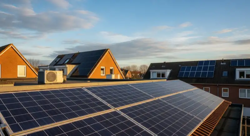 Close-up of photovoltaic solar panels installed on a traditional German Satteldach (gabled roof), blue sky with some clouds