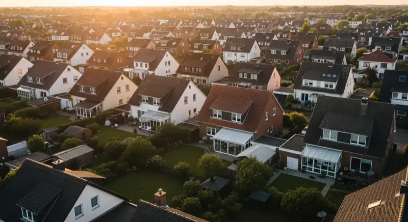 Aerial drone view of typical German residential neighborhood with mixed roof types, red and dark roof tiles, gardens visible, sunny day