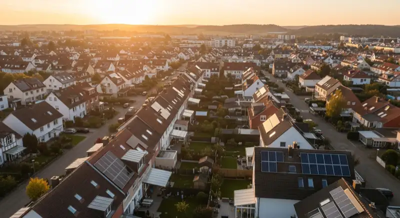 Aerial drone view of typical German residential neighborhood with mixed roof types, red and dark roof tiles, gardens visible, sunny day