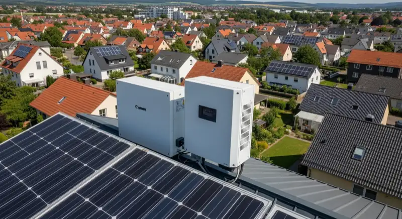 Aerial drone view of typical German residential neighborhood with mixed roof types, red and dark roof tiles, gardens visible, sunny day