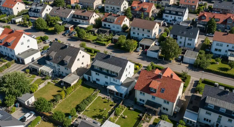 Aerial drone view of typical German residential neighborhood with mixed roof types, red and dark roof tiles, gardens visible, sunny day