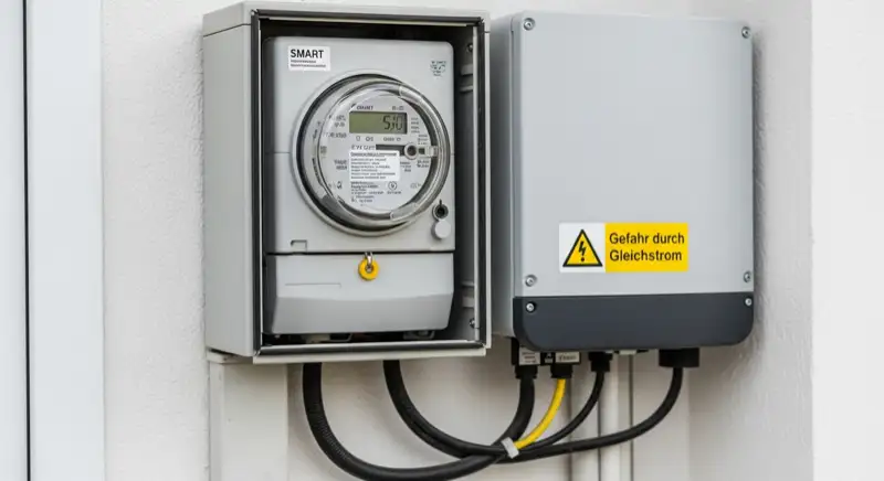Modern German electrical meter cabinet (Zählerschrank) with smart meter and solar inverter connection, clean technical installation