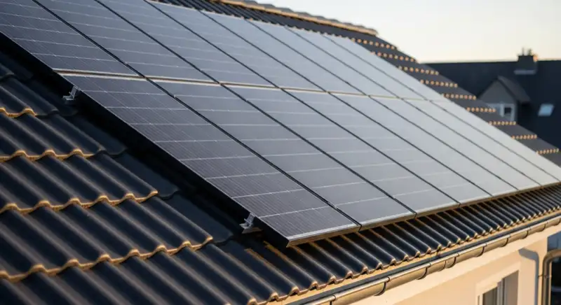 Installateur montiert Solarmodule auf Einfamilienhaus-Dach in Erkelenz