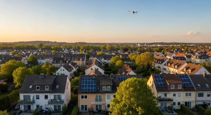 Aerial drone view of typical German residential neighborhood with mixed roof types, red and dark roof tiles, gardens visible, sunny day