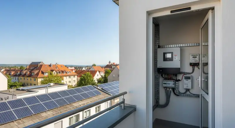 Modern German electrical meter cabinet (Zählerschrank) with smart meter and solar inverter connection, clean technical installation